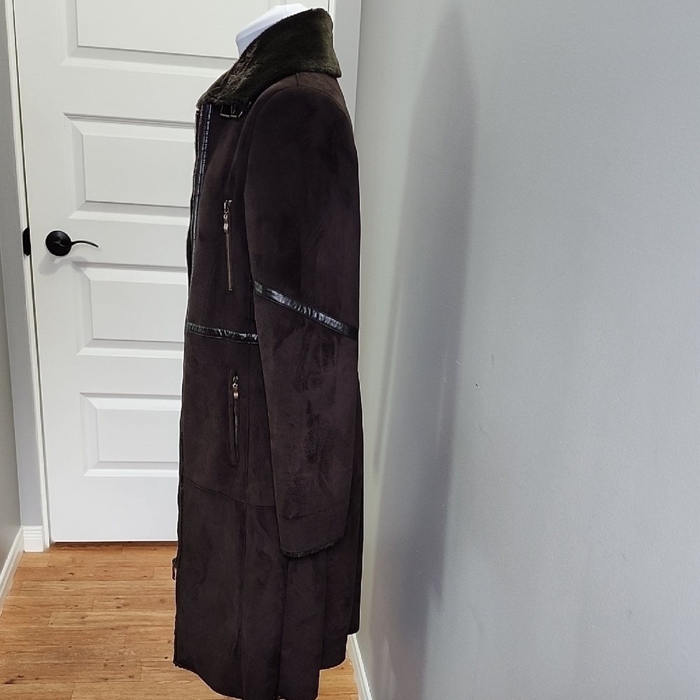 VINTAGE BALMAIN brown faux suede faux leather long coat - Picture 8 of 15